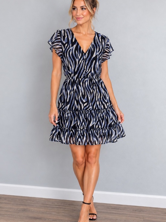 pigallle Dresses & Skirts - PIGALLE  Zebra Animal Print Tiered Chiffon  Mini Dress Flutter Sleeve Medium M